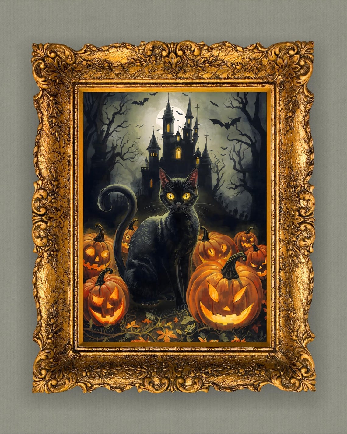 Black Cat Jack-o-Lanterns Haunted Castle Gothic Halloween Poster