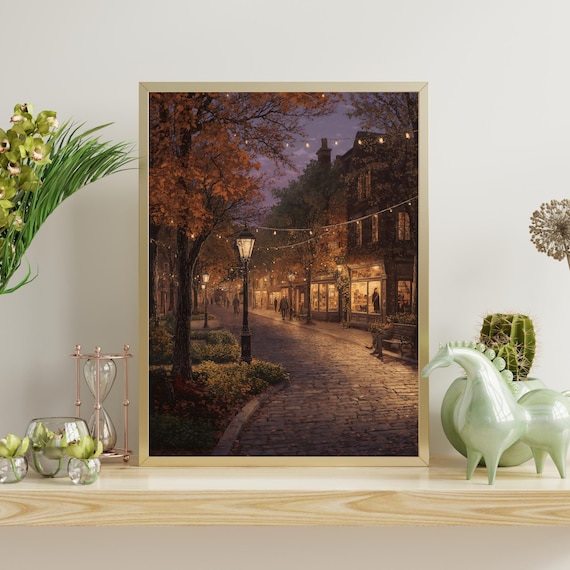 Autumn Evening Street Scene Wall Art Vintage Town Painting Print Fall Cozy Decor Rustic Seasonal