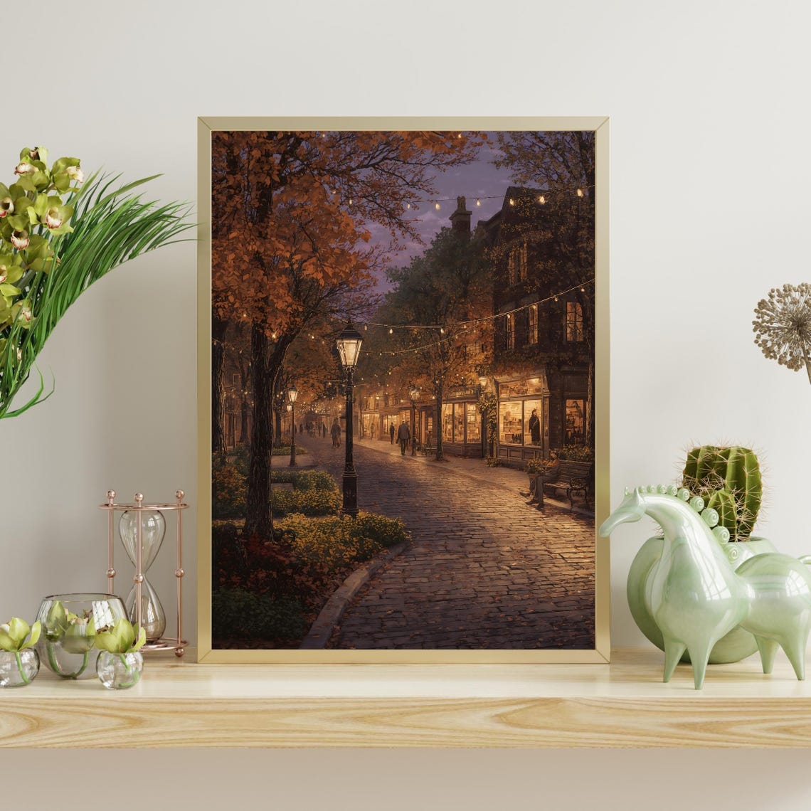 Cobblestone Street at Dusk Autumn Lights Cozy Town Art Poster