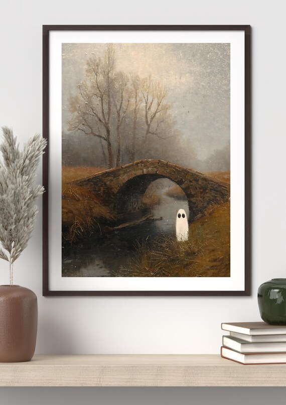 By Old Bridge Wall Art Moody Halloween Autumn Landscape Vintage Painting