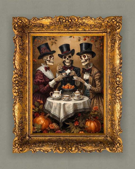 Vintage Halloween Skeleton Tea Party Print Wall Art Spooky Decor Poster
