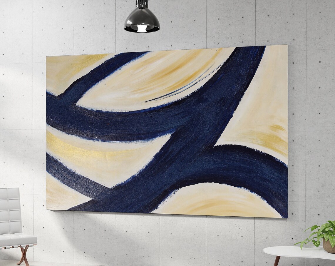 Navy Blue and Cream Modern Line Art Abstract Minimalist Poster