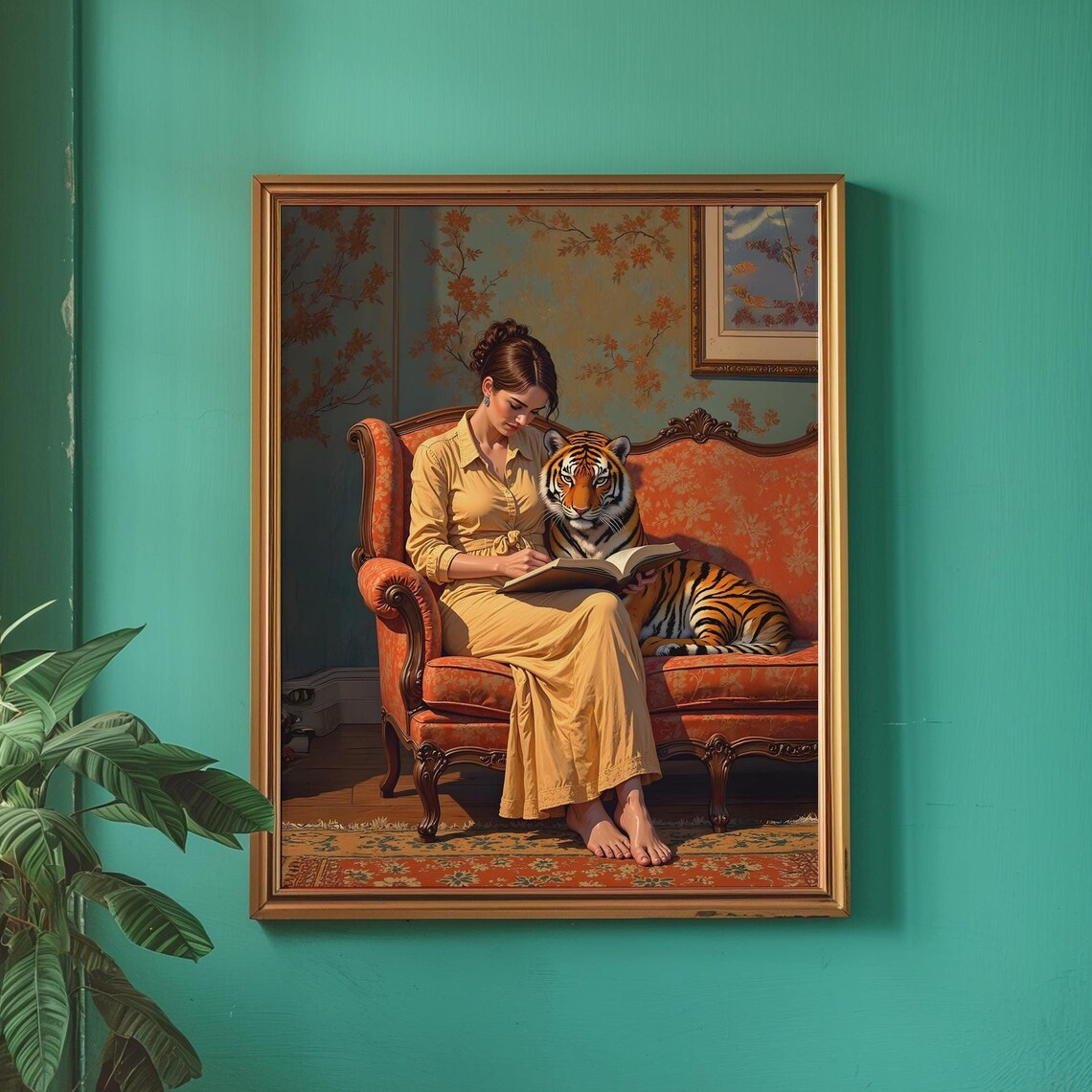 Woman Reading Book With Tiger Elegant Vintage Sofa Portrait Wall Art