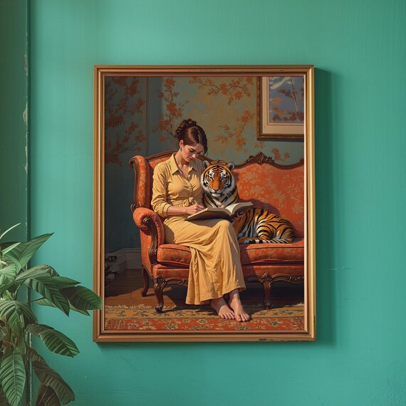 Woman Reading Book With Tiger Elegant Vintage Sofa Portrait Wall Art