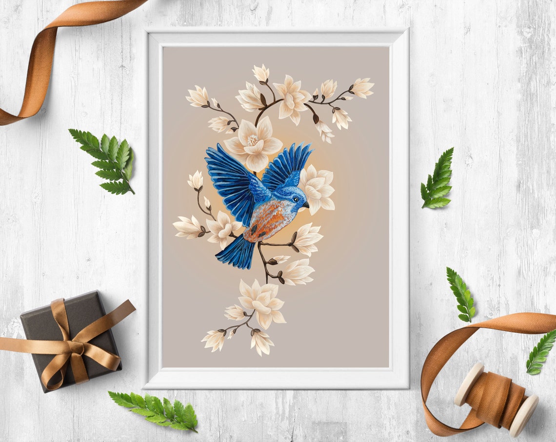 Vivid Blue Songbird Among White Magnolia Blossoms Spring Art Poster - Image 3