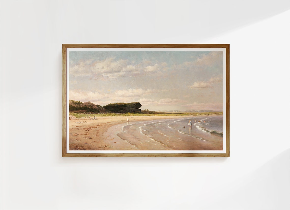 Rustic Beach Bathers Gentle Waves Sandy Shore Vintage Poster