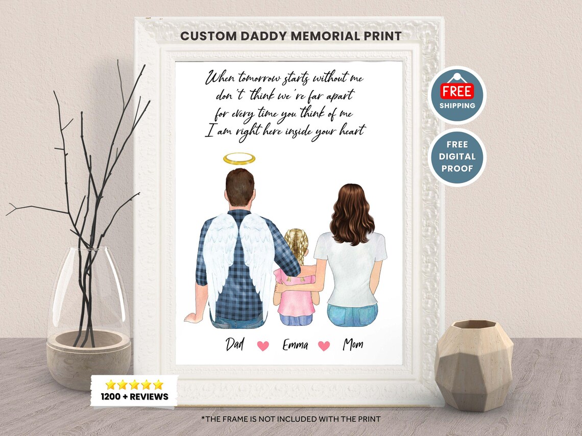 Custom Daddy Memorial Portrait Print with Angel Wings Remembrance Gift