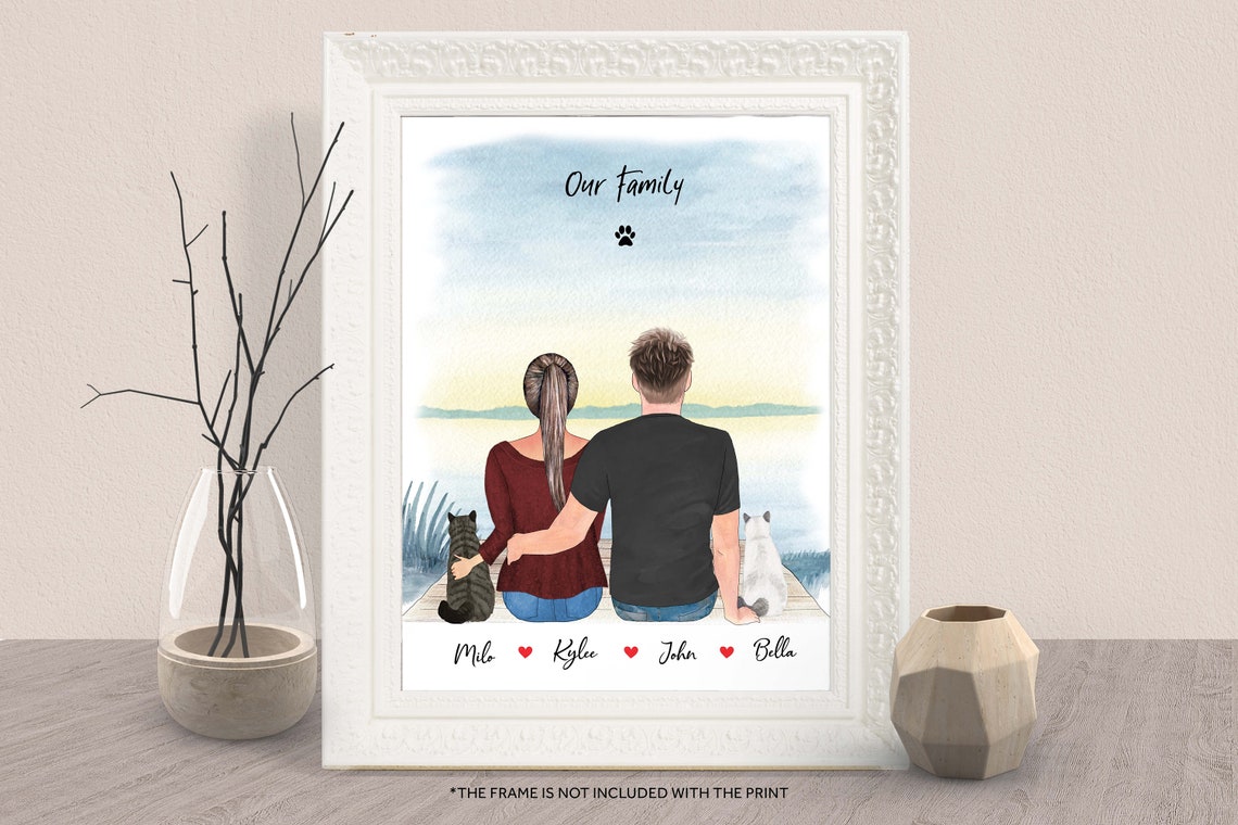 Sunset Lakeside Couple With Cat and Dog Family Portrait Print
