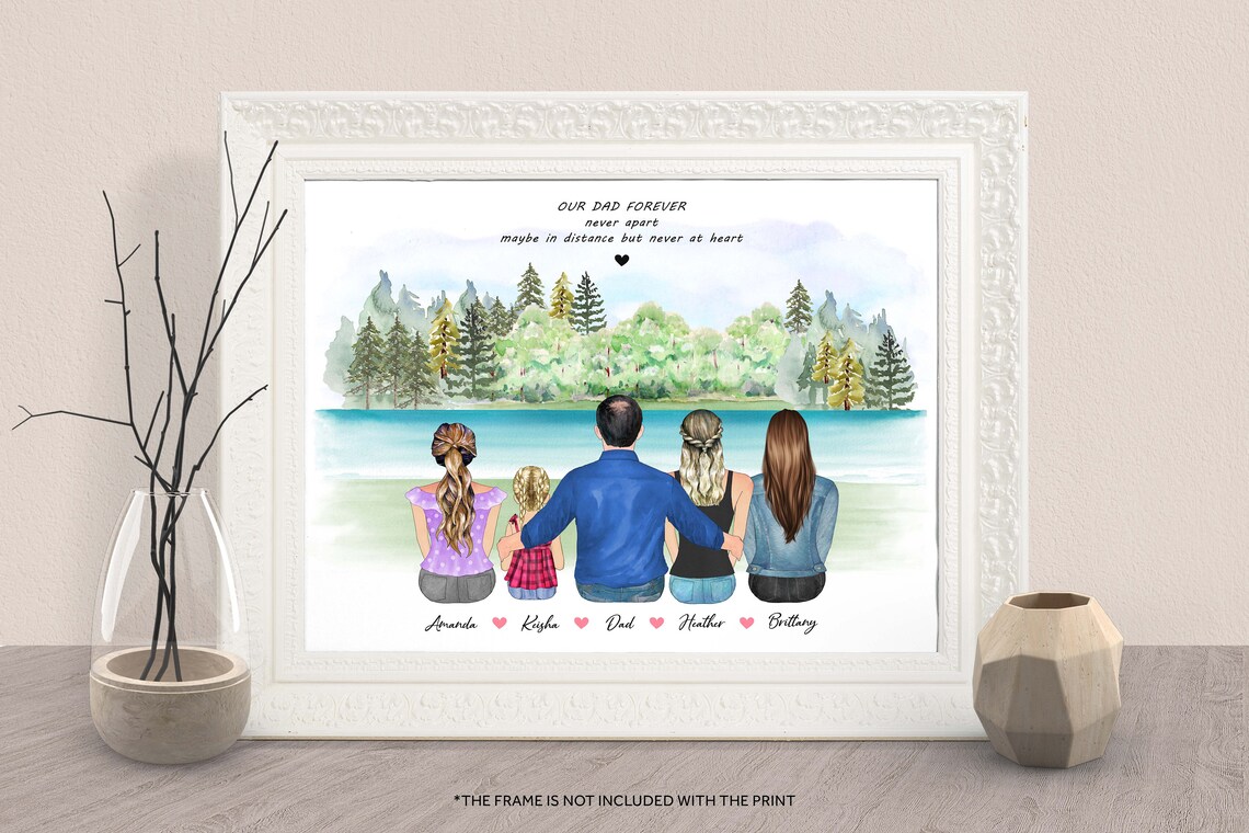 Personalized Dad with Four Daughters Lake Family Portrait Print
