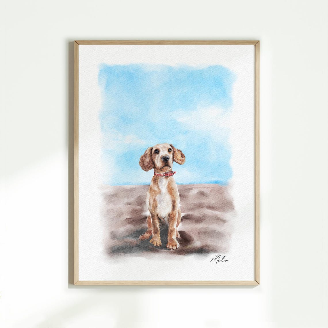 Cocker Spaniel Puppy Milo on Beach Custom Watercolor Portrait Poster