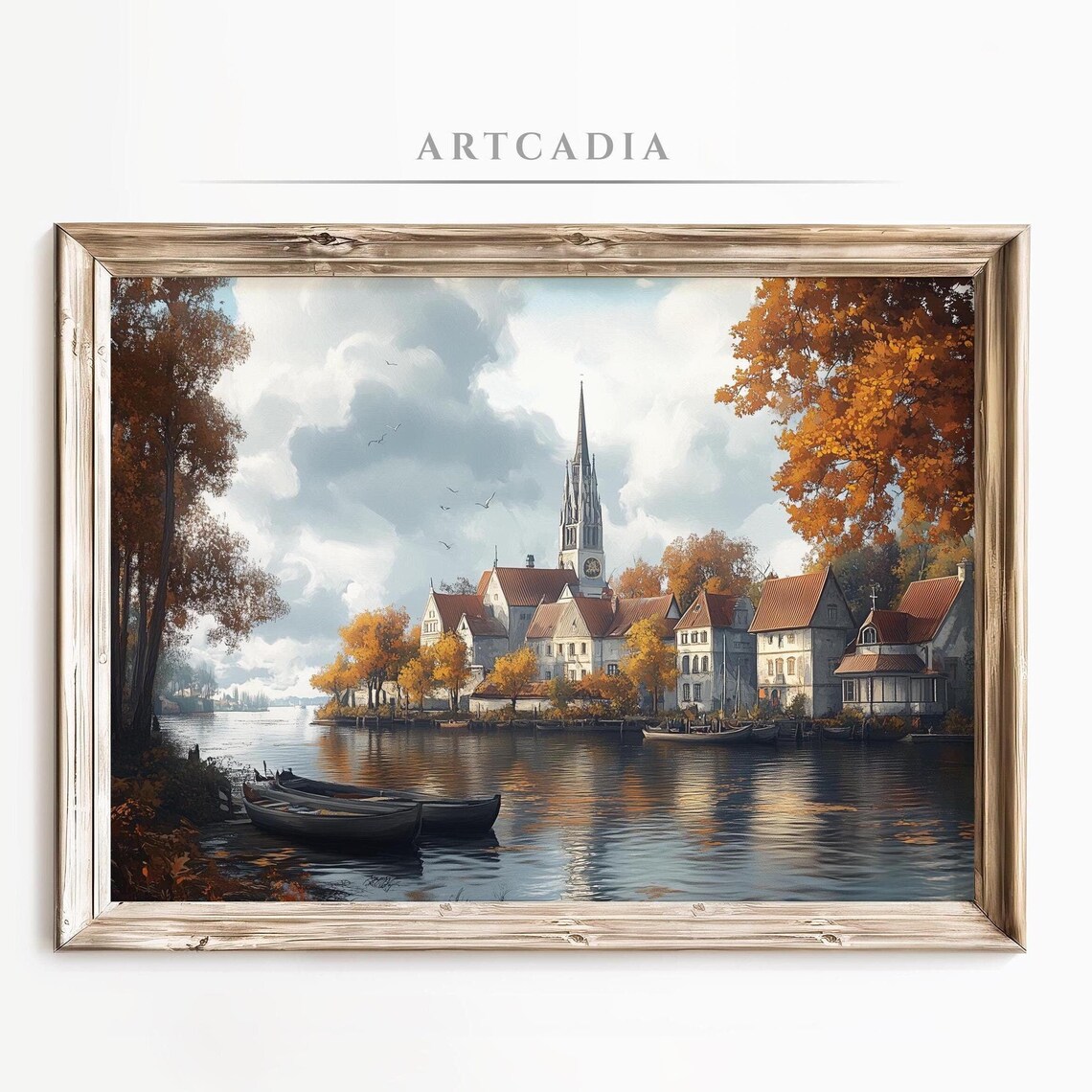 European Riverside Village with Church Spire in Autumn Poster