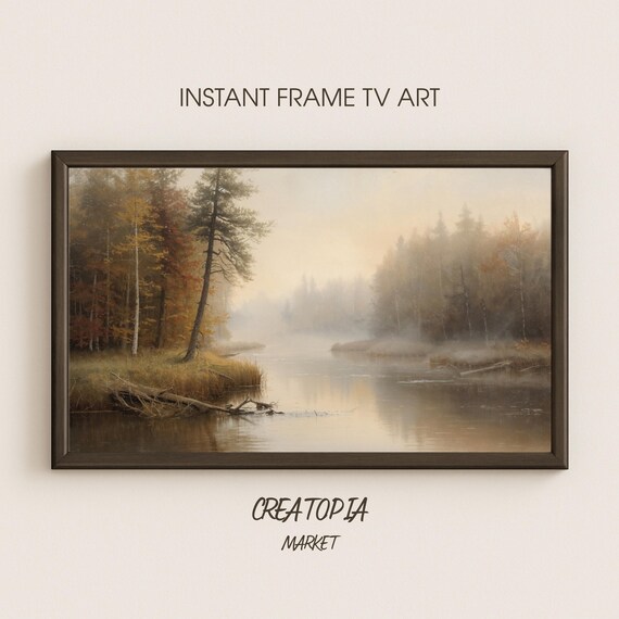 Samsung Frame Tv Art Foggy River Bend Soft Autumn Impression