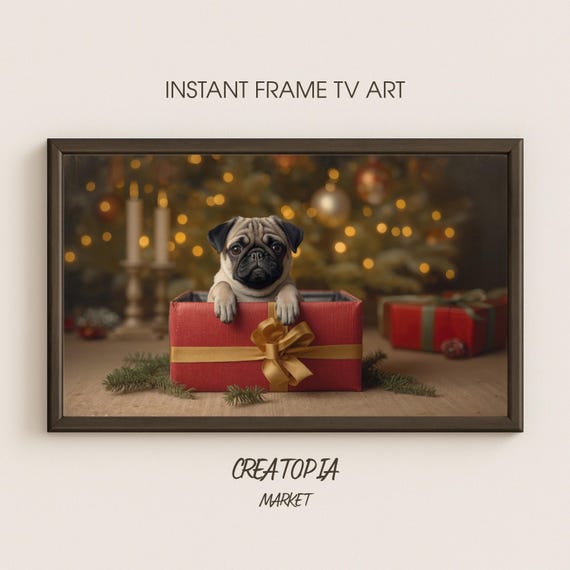 Samsung Frame Tv Art Pug In The Christmas Box Vintage Holiday Oil Painting