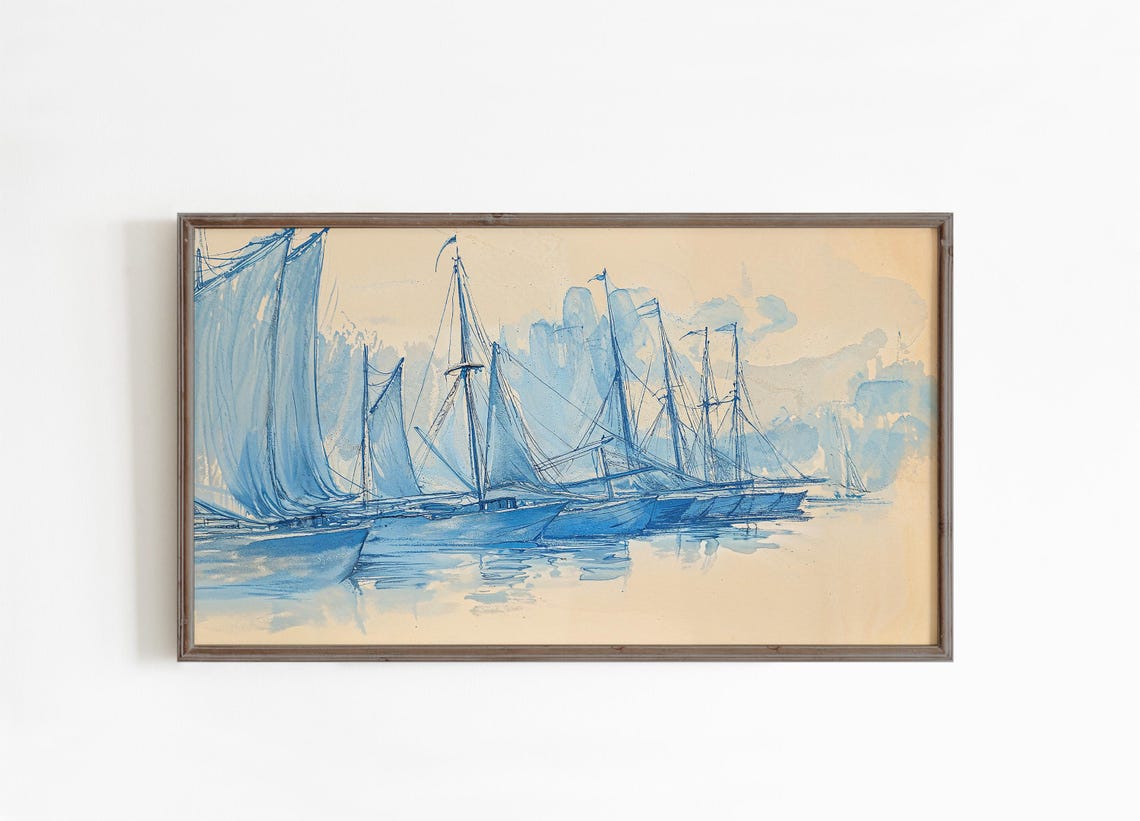 Blue Sailboats Coastal Watercolor Nautical Seascape Decor Poster - Image 2