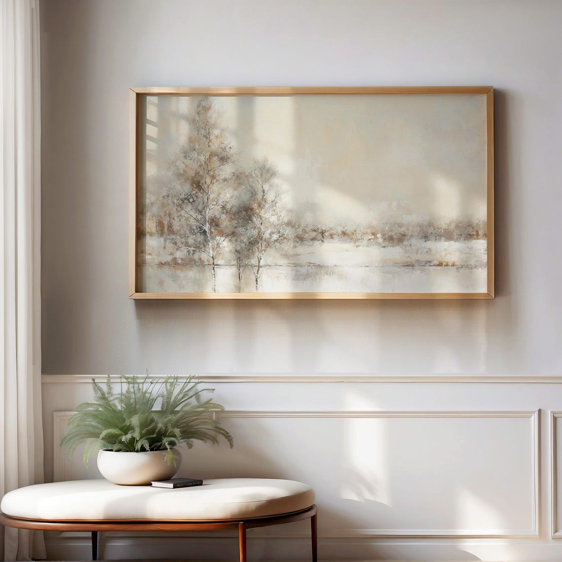 Misty Winter Birch Trees Neutral Abstract Lakeside Landscape Poster - Image 2