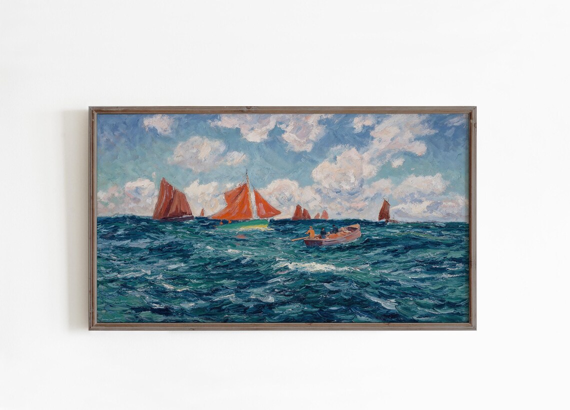 Red Sailed Boats Impressionist Seascape Coastal Painting Poster