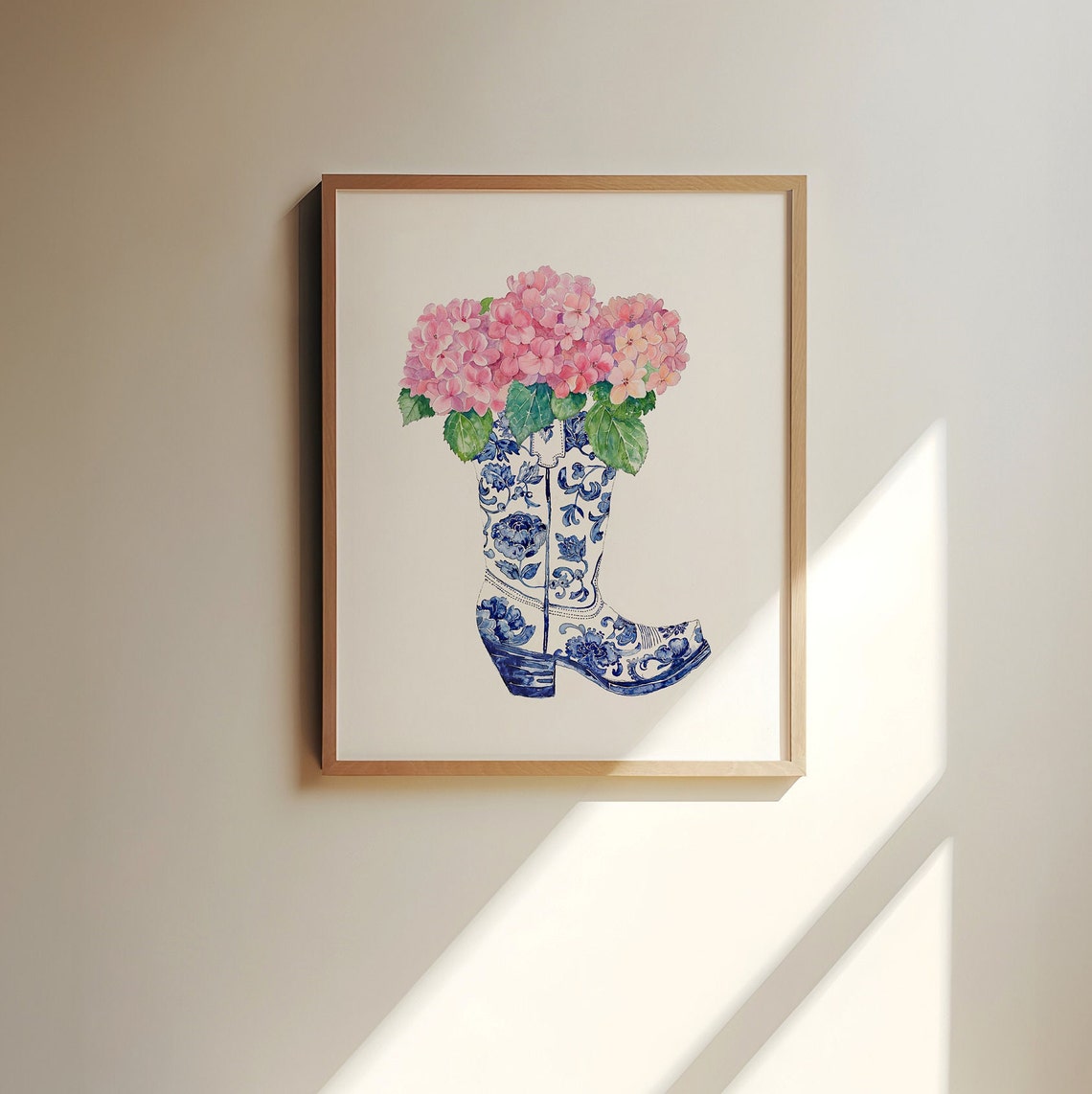 Pink Hydrangeas Chinoiserie Cowboy Boot Watercolor Western Poster - Image 2