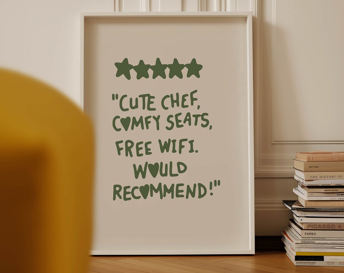 Cute Chef Comfy Seats Five-Star Funny Kitchen Review Quote Poster