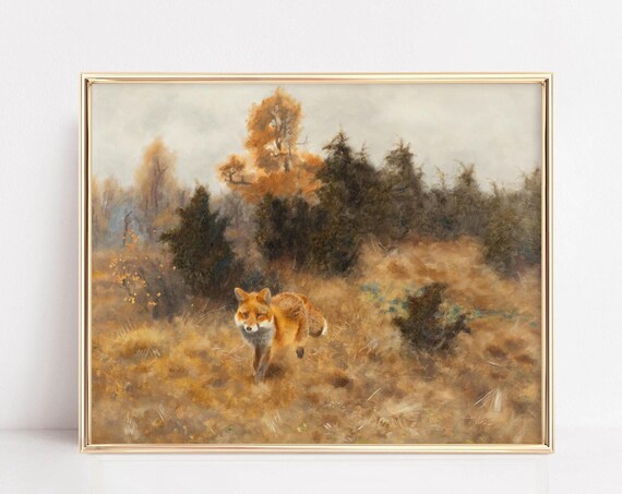 Vintage Fox Oil Painting Golden Autumn Woodland Landscape Poster