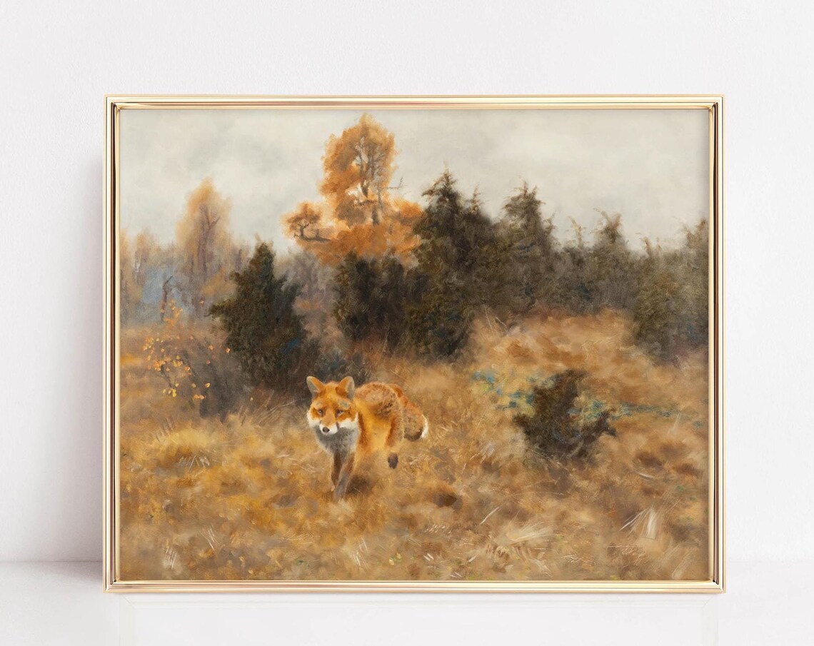 Vintage Fox Oil Painting Golden Autumn Woodland Landscape Poster