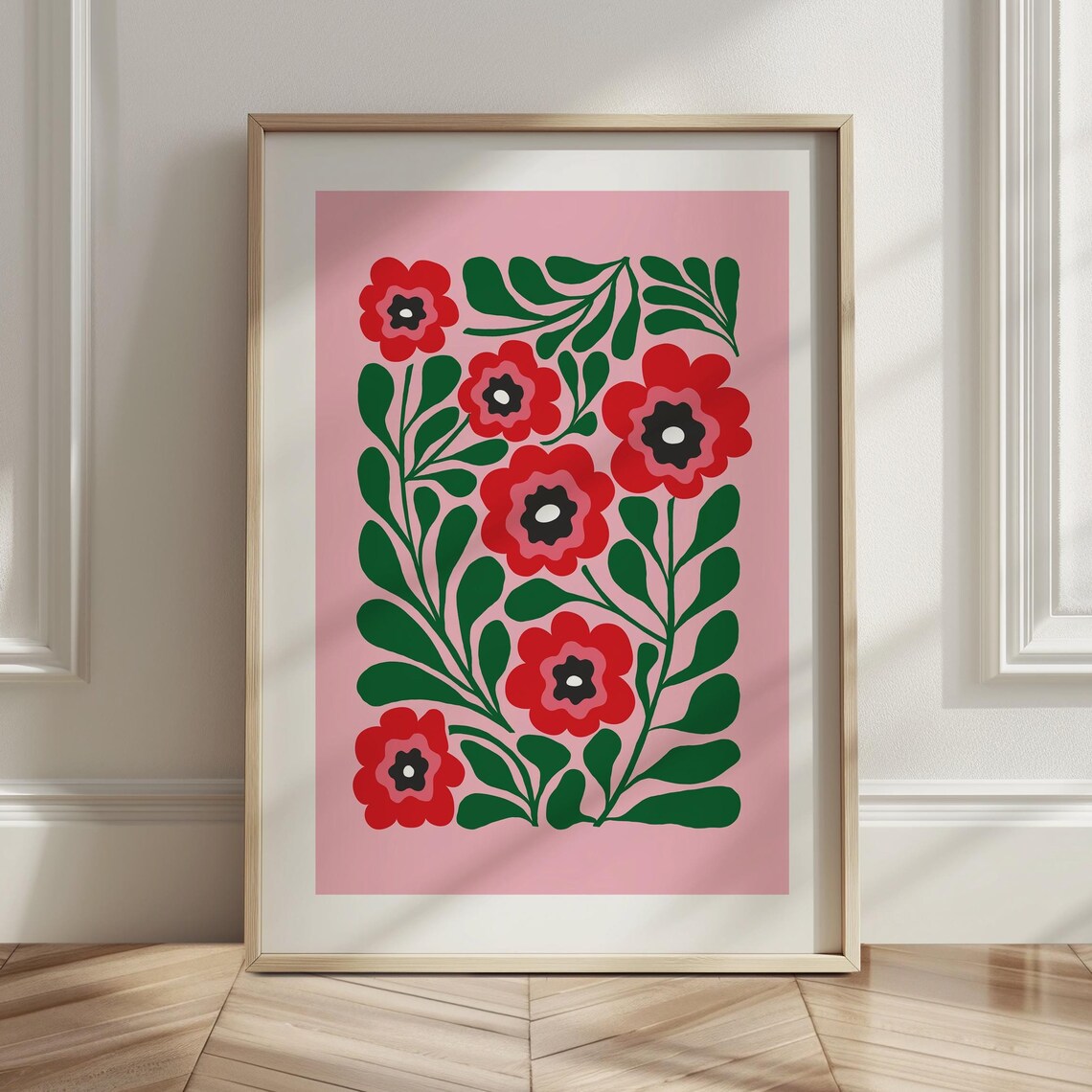 Retro Pink Green Floral Abstract Flowers Dopamine Decor Wall Art