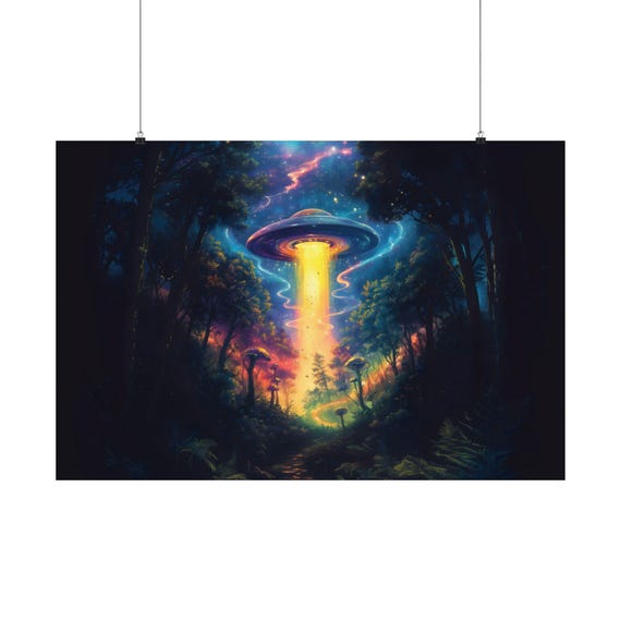 Forest Fantasy Poster Print Weird Ufo Landscape Modern Painting Psychedelic Nature Rustic Wall Print Airbnb Art Wall Decor