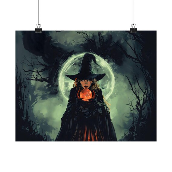 Witch Crystal Ball Glowing Full Moon Dark Forest Magic Halloween Poster