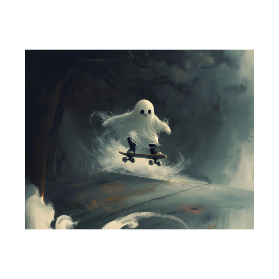 Cute Ghost Skateboard Kickflip Misty Night Street Halloween Art Poster - Image 4