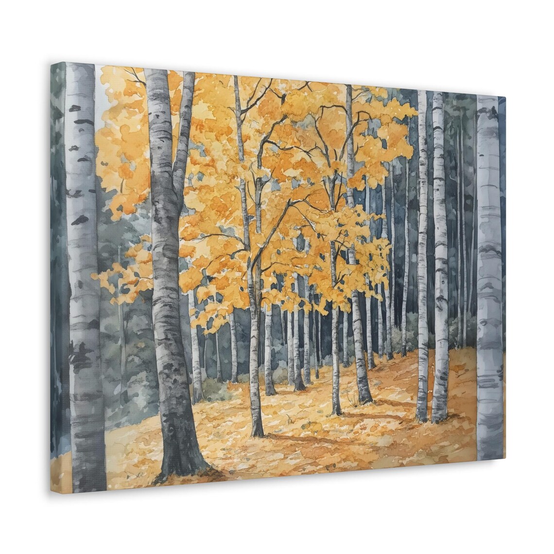 Golden Birch Trees in Autumn Watercolor Forest Landscape Wall Art