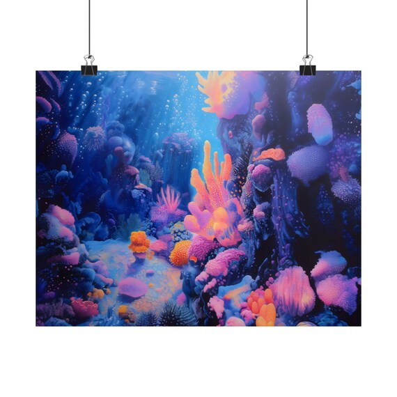 Neon Coral Reef Watercolor Poster Print Landscape Modern Painting Calm Relaxing Wall Print Airbnb Art Wall Decor