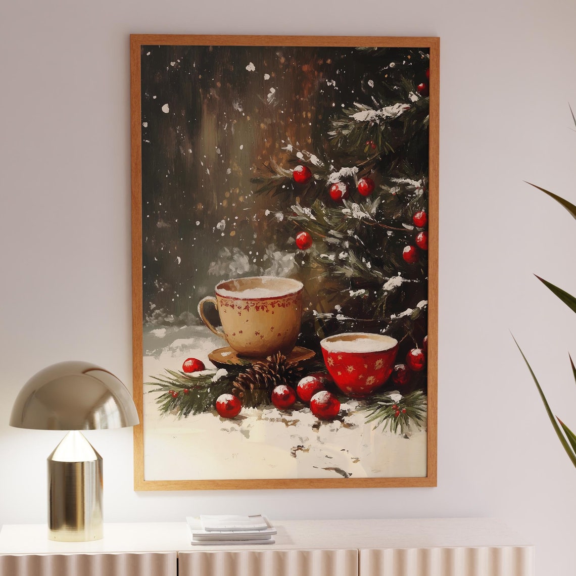 Winter Hot Drink Mugs Snowy Fir Tree Red Baubles Holiday Poster