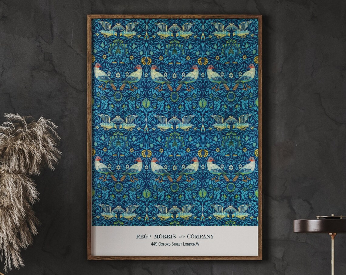 Original William Morris Design Birds Pattern Vibrant Blues Flower Art Crafts Botanical Illustration Instant