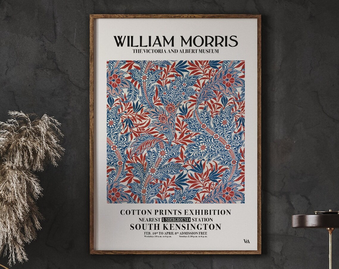 William Morris Red And Blue Floral Cotton Pattern Exhibition Poster