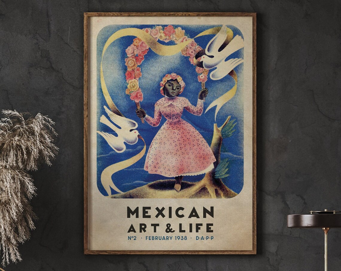 Mexican Art and Life February 1938 Woman With Doves Vintage Cover Poster