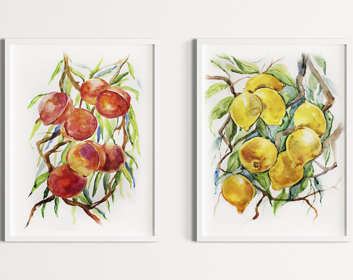 Juicy Ripe Peaches on Leafy Branch Watercolor Fruit Art Poster - Image 4