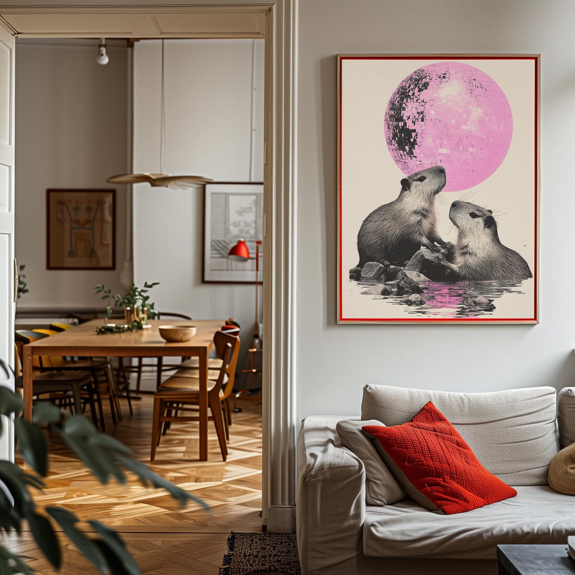 Capybaras Watching a Pink Disco Ball Moonlit Night Scene Poster - Image 2