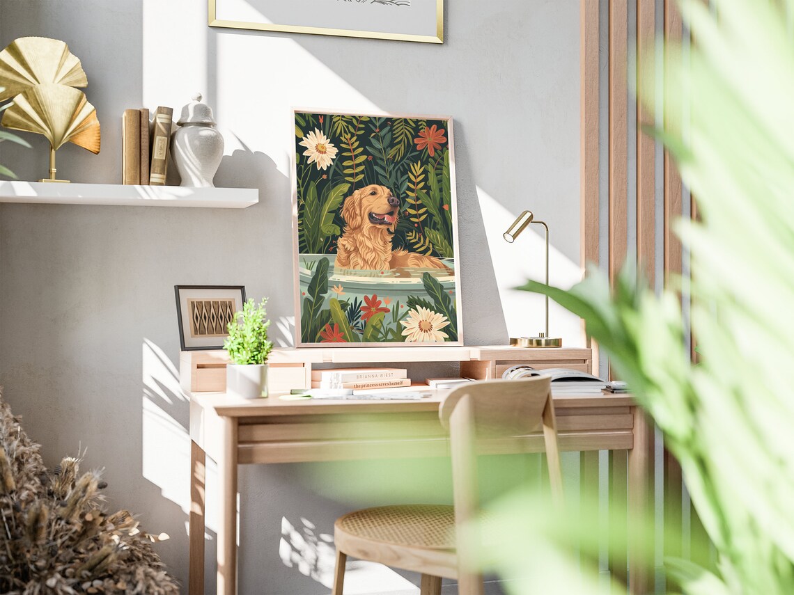 Golden Retriever Boho Jungle Bathtub Art Print - Image 2
