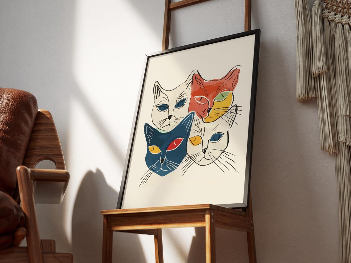 Abstract Matisse Style Colorful Cat Faces Modern Line Art Poster - Image 3