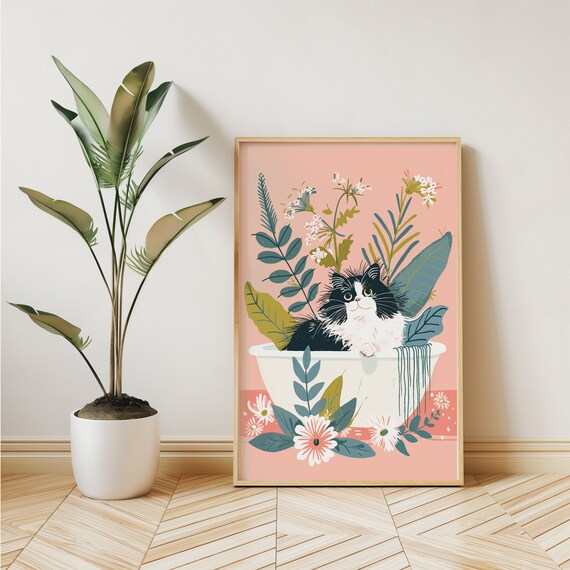 Fluffy Tuxedo Cat Sitting in Bathtub Blush Pink Floral Decor Poster