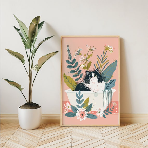 Funny Black White Cat Wall Art Awkward Kitty Print Boho Jungle Bathtub Maximalist Botanical Eclectic Tropical Poster Owner Gift