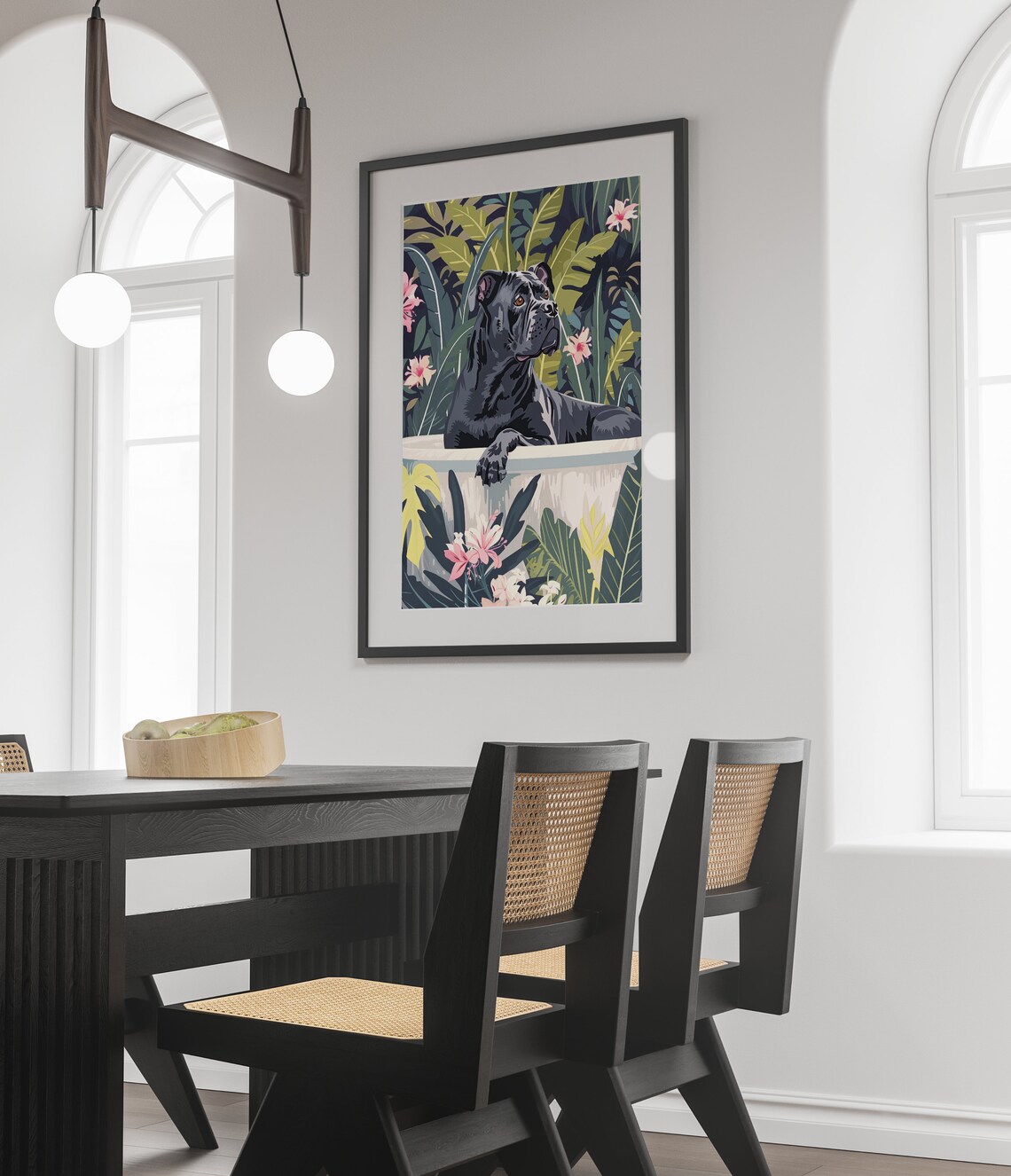 Black Cane Corso in Bathtub Dark Jungle Floral Dog Wall Poster - Image 2