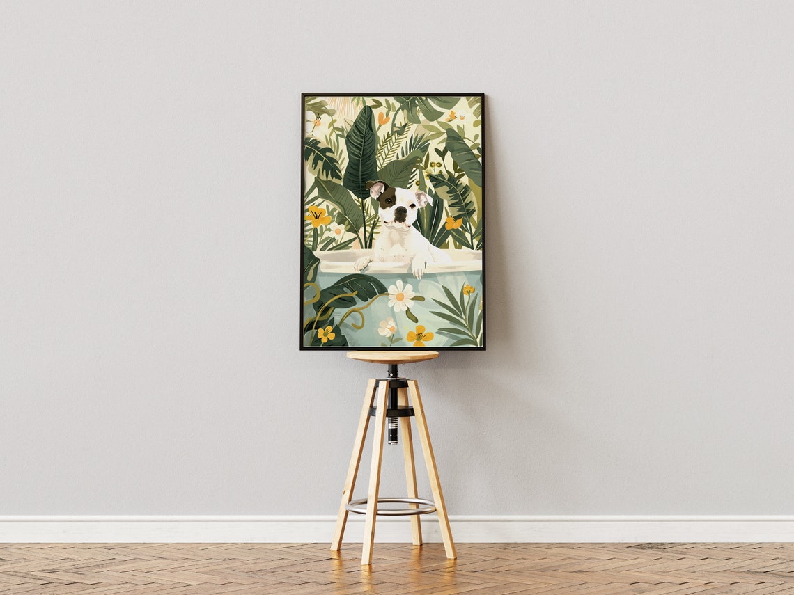 White Staffy Dog in Mint Tub Soft Sage Botanical Decor Poster - Image 3