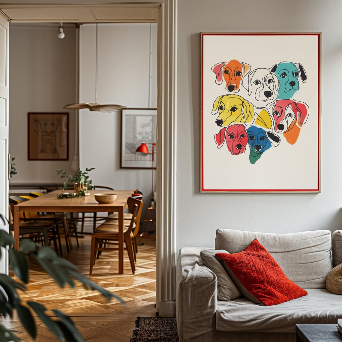Seven Colorful Puppy Faces Cluster Line Drawing Poster Pack Decor - Image 3