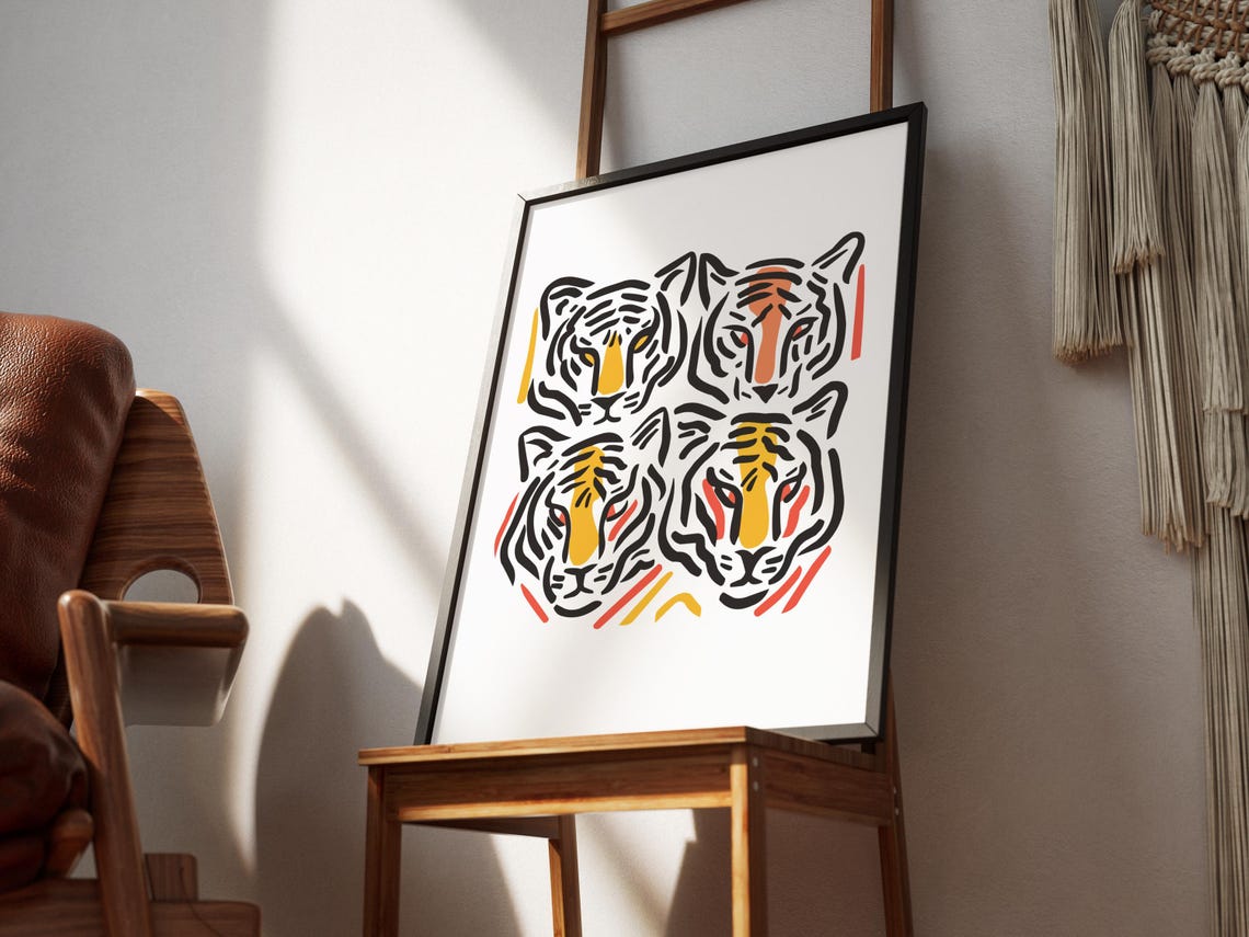 Four Tiger Faces Bold Outline Two By Two Grid Poster Jungle Cats - Image 2