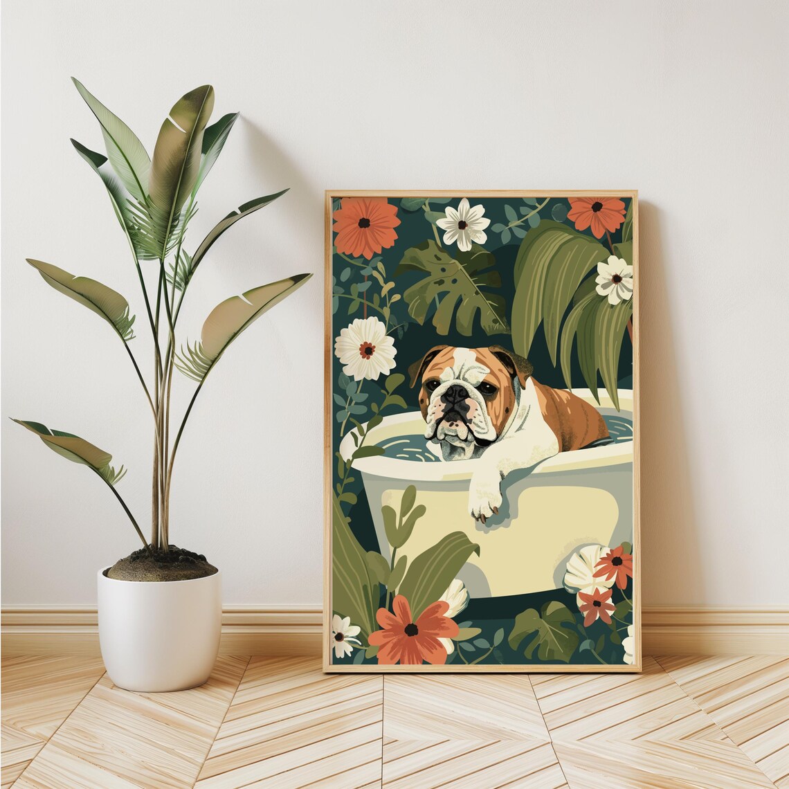 English Bulldog Bathtub Floral Garden Vintage Botanical Dog Poster - Image 3