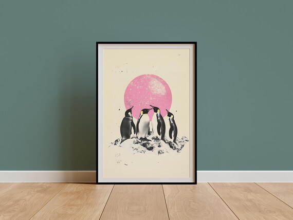 Penguin Glitter Moon Retro Disco Poster