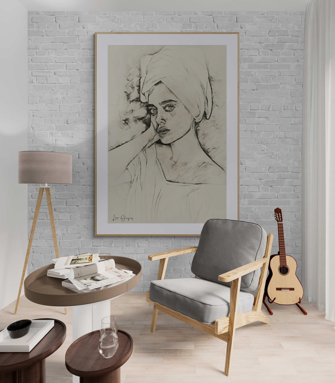 Woman With Turban Pencil Sketch Drawing Black White Art Poster - Image 6