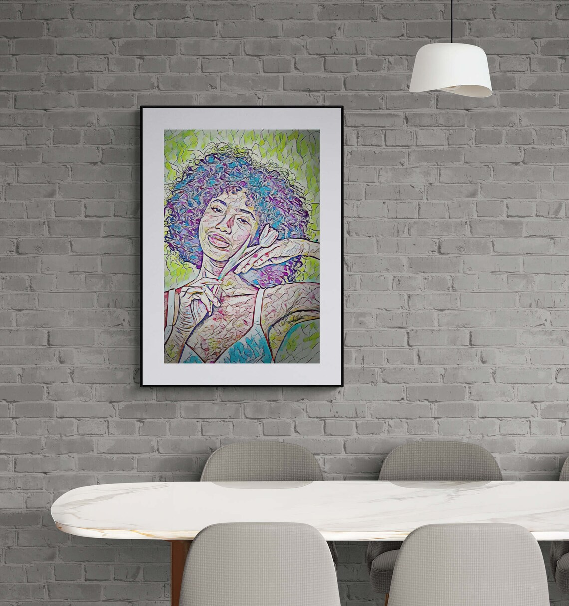 Curly Haired Woman in Blue and Purple Pop Art Portrait Print - Image 4