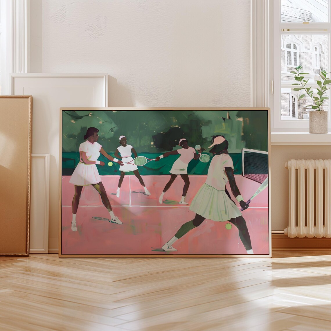 Tennis Doubles Match On Pink Court Girls Sports Painting Art Poster - Image 4
