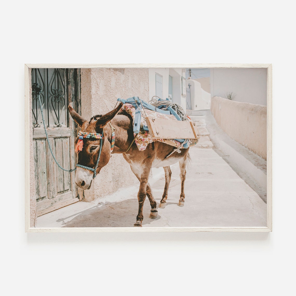 Santorini Greece Donkey With Saddle Whitewashed Street Travel Poster